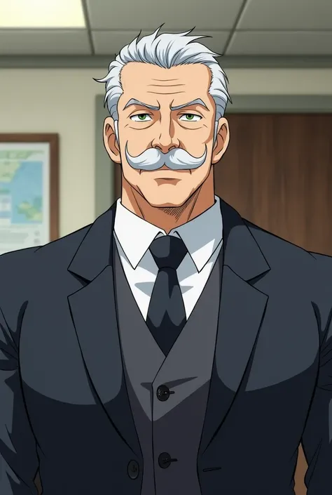 Single character, old man with groomed grey hair, greenish-grey eyes, thick bushy mustache, humble friendly facial expression, three piece suit, muscular build, broad chest with massive pecs, muscular arms, in a government office, anime.