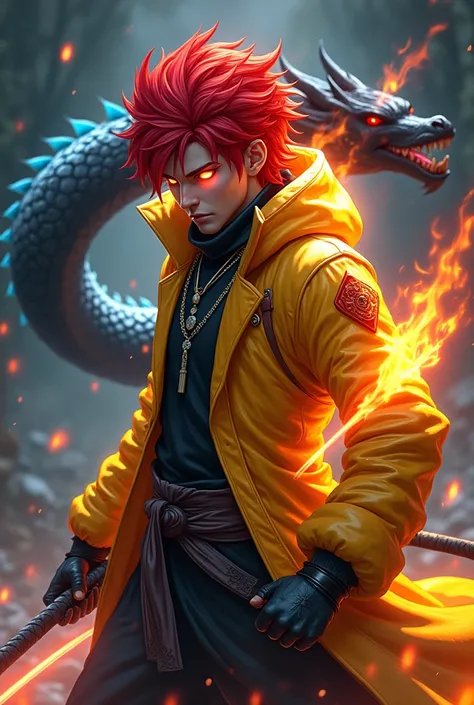 Create a game logo featuring a ninja god in a yellow diamond coat, red fluffy hair with eyes releasing flames, holding a katana sword, wearing a costume like a god in heaven, with white, blue, silver neon on the back.\n and has the active gesture of a demo...