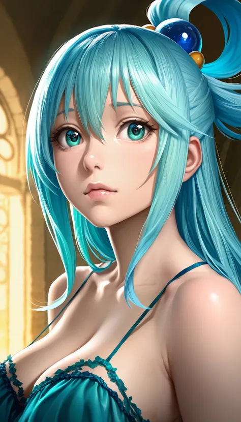 beautiful detailed eyes, beautiful detailed lips, extremely detailed eyes and face, long eyelashes, 1girl, aqua hair, aqua eyes, exquisite detailed dress, micro tanga, konosuba, fantasy, anime, 8k, ultra-detailed, photorealistic, masterpiece, vibrant color...