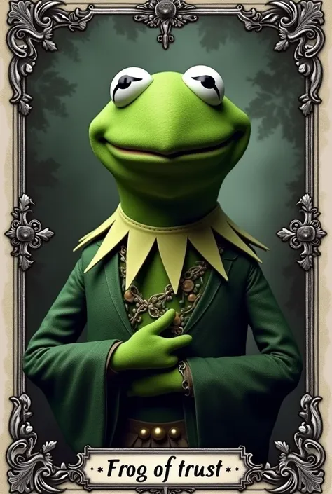  Create me a tattoo design .  It should be a tarot card in Gothic style .  In the tarot card Kermit should be Kermit and she should have the name "Frog of trust " carry.  It should not contain any color .  Only the frog may turn green . Make it extremely d...