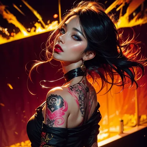 very beautiful Japanese woman , taking off his kimono ,tattooed back, bare shoulders,  loose and messy hair,  fluorescent pink tattoos,  perfect eyes.  Black hair, red lipstick, dark makeup, handmade,Art Nouveau, Pink fire on stage.