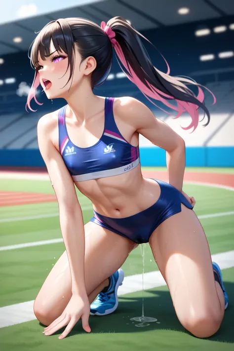  nsfw, 1girl, masterpiece, top quality, anatomicaly correct, detail body, 8k, ( A loli cute girl with pink ponytail hair, black hair, pink eyes, flat chest), from back, hip focus, 
,BREAK,A young female sprinter in a tight-fitting track and field uniform, ...