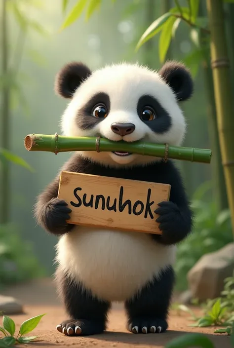 A panda is holding a bamboo in its mouth and holding a board with its two hands... On the board, it says "Sunuuhok".

