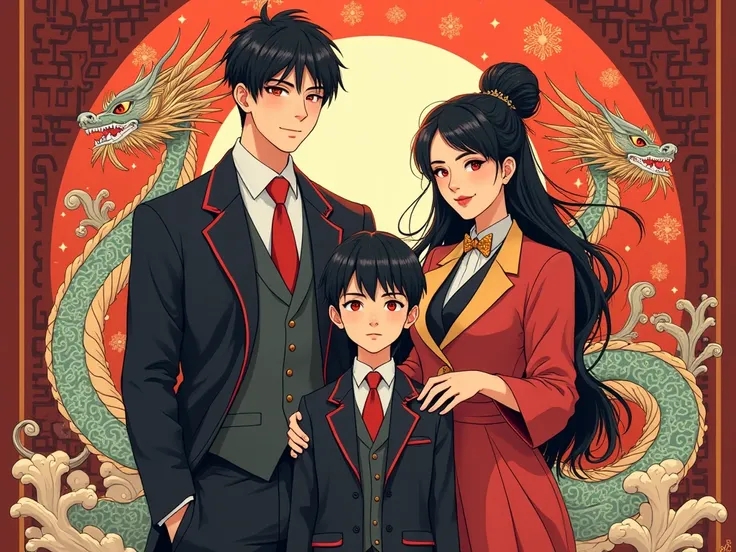 je veux une famille chinoise d'anime shonen
bien habiller avec ces coupe de cheveux stylé au yeux rouge stylé artificiel.avec des motif mythologie chinois derriéres eux.
style anime shonen.