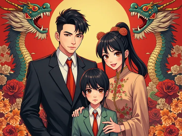 je veux une famille chinoise d'anime shonen
bien habiller avec ces coupe de cheveux stylé au yeux rouge stylé artificiel.avec des motif mythologie chinois derriéres eux.
style anime shonen.