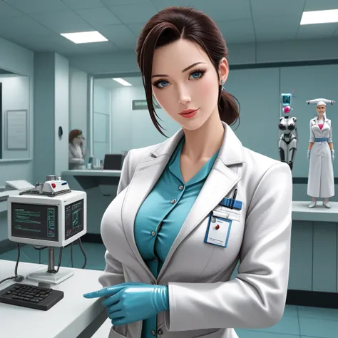 female shape robot in doctor coat, covered breasts, Secret Laboratory, giga_busty