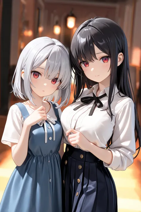 ( masterpiece, best  quality:1.2),  extremely detailed ,   soft ambient lighting , 4K,  quality, 2 girls, One has messy long black hair small breasts and wears a shoulderless shirt, The other has short silver hair with red eyes and big breasts she is weari...