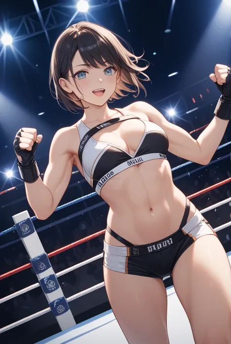 A full-body shot of an adult female wrestler in an anime-style illustration, standing in a wrestling ring. She wears a wrestling outfit and strap-on black dild, with dynamic lighting and a vibrant color palette. The background features a cheering audience ...