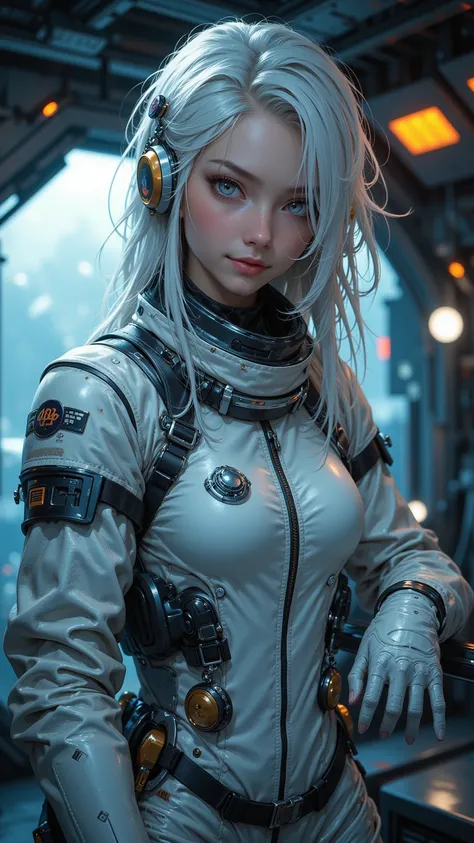 A science fiction image ， A white-haired female astronaut wearing a space suit inside the International Space Station，Skin shiny ， takes suggestive poses ，Smile， creates an emotional, professional lighting atmosphere 。