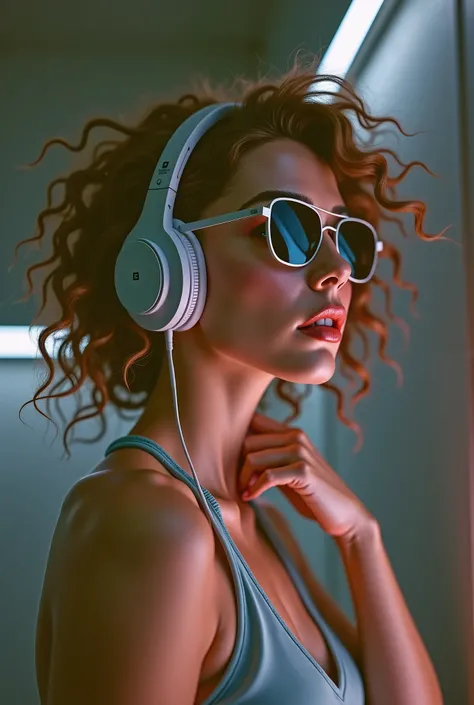 a beautiful sexy woman with curly brown hair,sunglasses,wearing large headphones,in a dark room with neon cyberpunk lighting,neon glow,ultra-detailed,realistic,photorealistic,masterpiece,8k,HDR,studio lighting,physically-based rendering,sharp focus,vivid c...