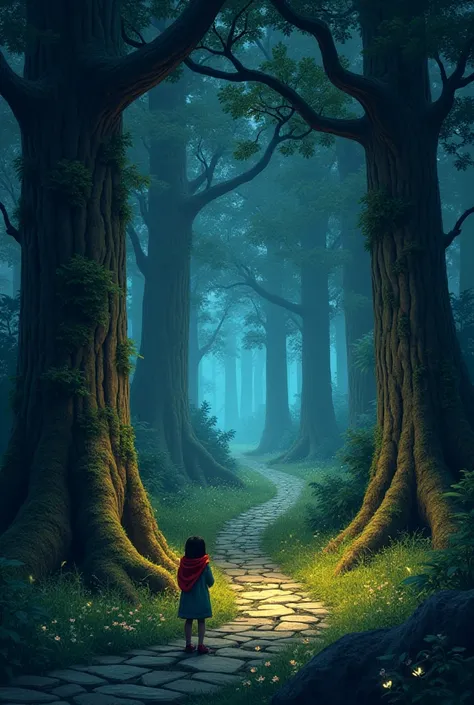 A lush forest bathed in twilight, with towering ancient trees and glowing fireflies. A stone path, covered in moss and flowers, winds through the trees, leading deeper into the unknown. A small girl with a red scarf stands at the entrance, looking in awe.