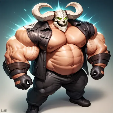 a man with a big giant musclegut tall wide body and big round gut using black jacket, black pants, black gloves, and skull helmet which cover every of his face and also horn on the both side. standing still, solo, very big body, very tall body, very wide b...