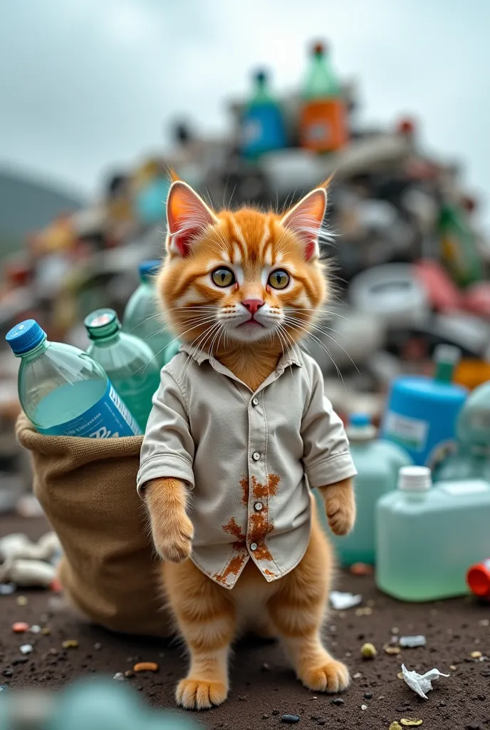 A small, fluffy orange cat wearing a stained white shirt stands in front of a large pile of trash and plastic bottles. The cat appears to be carrying a burlap sack filled with plastic bottles, amidst a backdrop of litter and debris, under a cloudy sky. The...