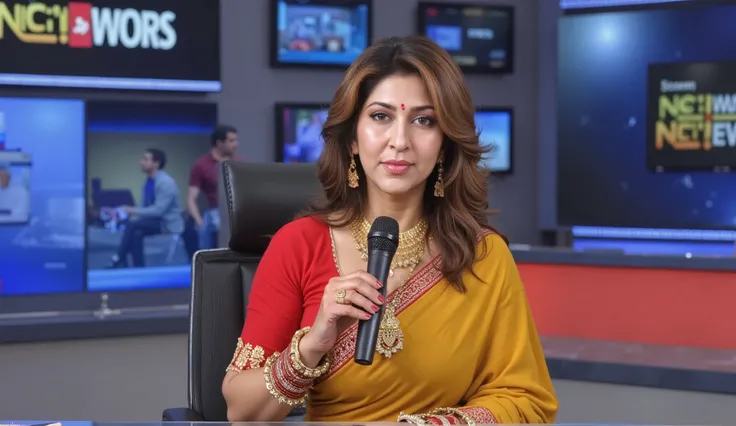 colorful saree and bikini costume , exhausting 👠 , closeup face
(hairy armpit :224421.2214413),
A professional Indian news anchor woman on a modern news set. She is wearing traditional Indian attire, colourful saree, with a microphone in hand. Th...