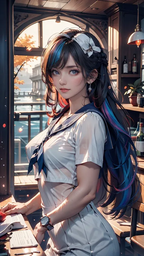 (  see-through:1.3), white sailor suit, sailor dress,  white theme, school uniform,  sailor suit ,  Watch Viewers ,  Madness,  Long, Disheveled Hair ,  red light particles spreading throughout the masterpiece ,Hair shines, Dramatic Angles, blue sailor colo...