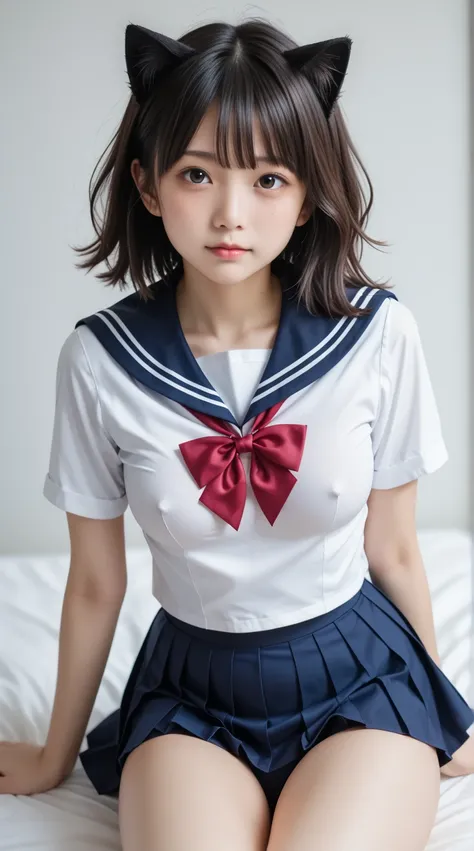 (((( Japanese Sailor Girl Middle School Student、round face、 sailor collar 、 Pleasant face、cnadid shot))))、(((Beautiful thighs)))、close-up thigh、 Navy Blue School Swimsuit 、 Navy Blue Ruffle Skirt、sailor red ribbon、Cat ears, (The wind blows her hair、Beautif...