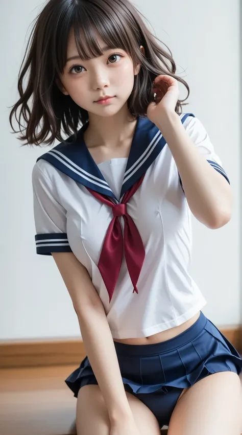 (((( Japanese Sailor Girl Middle School Student、round face、 sailor collar 、 Pleasant face、cnadid shot))))、(((Beautiful thighs)))、close-up thigh、 Navy Blue School Swimsuit 、 Navy Blue Ruffle Skirt、sailor red ribbon、Cat ears, (The wind blows her hair、Beautif...