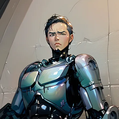  femboy、Robocop、 cute face、 beauty、 tight muscular body 、 boys、 short hair、18trip 、、full face cheeks 、、cornered by a wall、 he surrenders with his hands raised 、 looks irritated