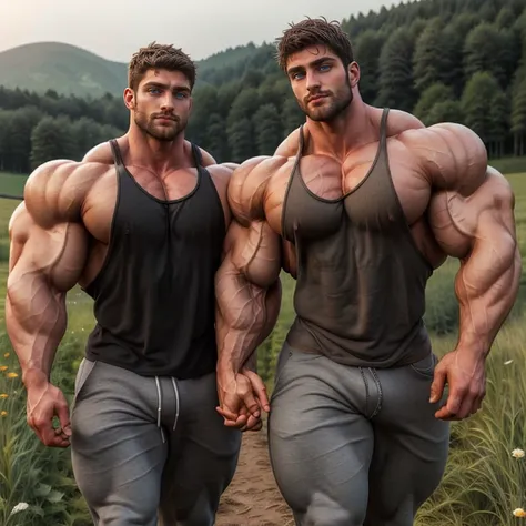 two very handsome, muscular men, wearing a black tank top and gray pants, walking hand in hand in a field at dawn, seen close up, huge bíceps, meaty bíceps, board bíceps, large bíceps