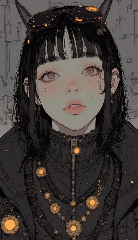 Woman wearing a black jacket with gold coins on her face , Cyberpunk art inspired by Kasuga Harumi, Tumbler,  digital art  ,  just a joke ,  Shining Magical Beautiful Skin , Beautiful Comic Art, She has a radiant , Sparkling Accents on the Figure ,  anime ...