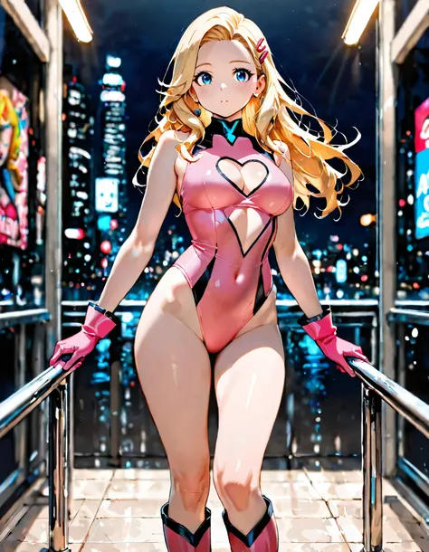 Masterpiece, best quality, high res, 8k, A stylized anime character design featuring a young, attractive female character with long, flowing, golden-blonde hair and bright blue eyes. (She wears a sleek, form-fitting, pink sleeveless leotard with a heart-sh...