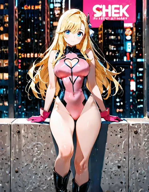 Masterpiece, best quality, high res, 8k, A stylized anime character design featuring a young, attractive female character with long, flowing, golden-blonde hair and bright blue eyes. (She wears a sleek, form-fitting, pink sleeveless leotard with a heart-sh...