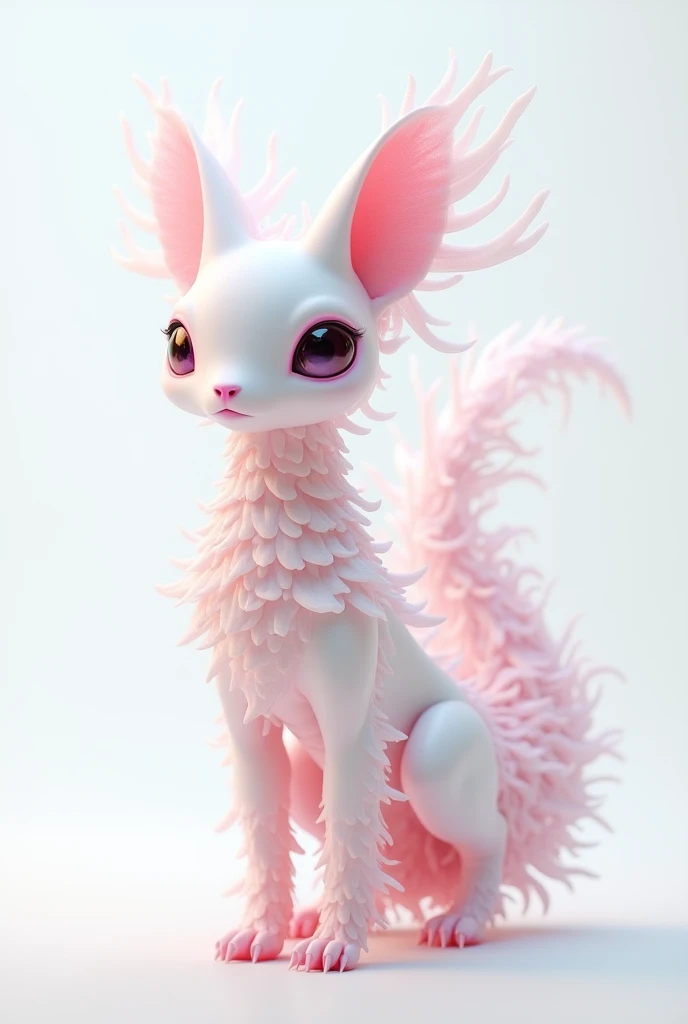 Kitsune Alien, white skin, scales, pink,  white background, 3d.