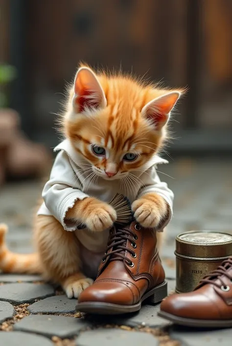 A small orange kitten wearing a torn, white shirt sits on a cobblestone path, polishing a worn brown shoe. The kitten is focused on its task, holding a brush in its paws. Nearby, another brown shoe and a tin can are also visible, adding to the scene's char...