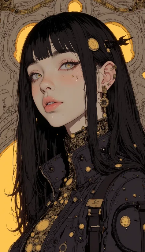 Woman wearing a black jacket with gold coins on her face , Cyberpunk art inspired by Kasuga Harumi, Tumbler,  digital art  ,  just a joke ,  Shining Magical Beautiful Skin , Beautiful Comic Art, She has a radiant , Sparkling Accents on the Figure ,  anime ...