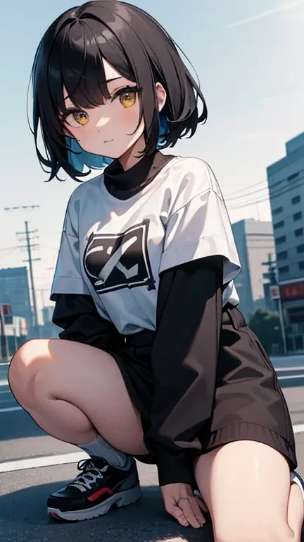   Hi-Res,   boyish,    in the seat,  black hair, Sporty shortcuts,   Asymmetric Hairstyle ,  Asymmetrical bangs,   yellow eyes, Round and round eyes, Eyes with three beautifully shaped circles in the middle,  Skater Style Street Fashion, slightly oversized...