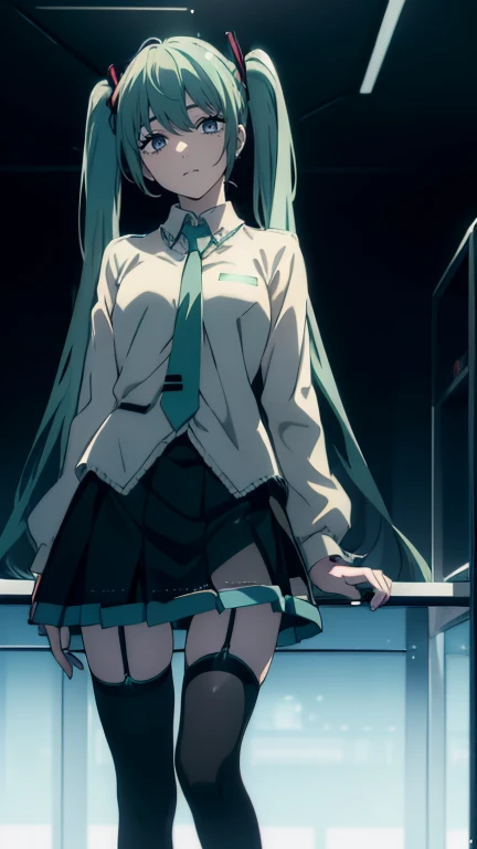 ((((wondrous,  best quality,  ultra high resolution)))), ((( Hatsune Mikuが 外の朝日の綺麗な明るい草原に立っている，))),  (I'm wearing a stylish trench coat， black skirt、 Hatsune Mikuのヘットセットを突けていsる， Hatsune Mikuのシャツ、Garter belt on leg、green白い肌、Shine_eye、(ultra 詳細なeye:0.7、 beau...