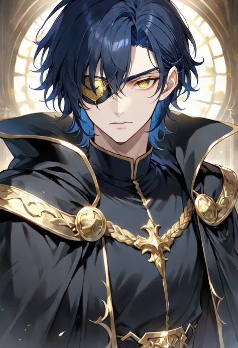 Alone,  handsome, 1 male,   medium hair ,  dark blue hair ,  golden eyes,  black shirt ,  black cloaks,  eye patch on the right eye 