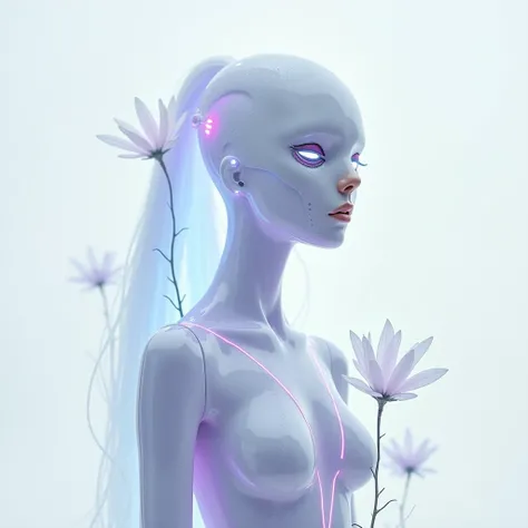 **"A surreal and futuristic humanoid figure with a biomechanical and organic aesthetic. The character has smooth, pastel lavender skin with faint, iridescent silver markings that shimmer under the light, resembling intricate circuitry woven into flesh. The...