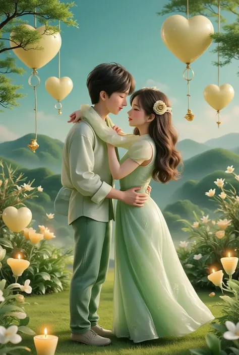 In a captivating digital art masterpiece, a couple shares a romantic dance in the center of an enchanting garden on Valentine's Day. The scene is illuminated by floating candles and lanterns, casting a warm, soft glow. The intricate details of the garden, ...