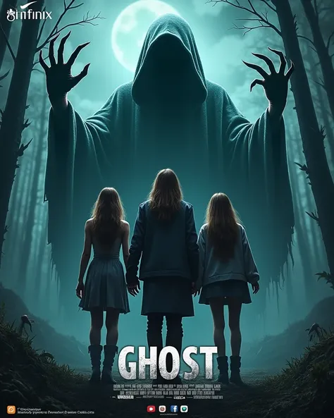 

*Prompt for Ghost movie poster image  
"Dramatic artwork features 3 group of girls wearing fashionable outfits  ,  standing in front of a large creepy figure with ghost-like claws.2 men The background features a haunted house which adds to the eerie atmo...