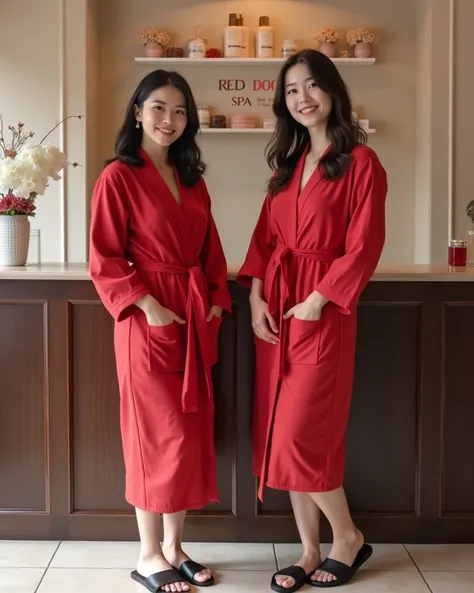 Two woman in light red bathrobes stand side by side in a spa, smiling. They wear black slip-on sandals, with their legs visible through mid-thigh slits in their robes. The woman on the right has 24-year-old, with a heart-shaped face, medium-length black ha...