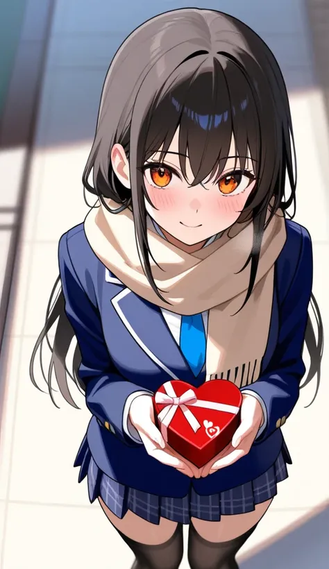 ( Masterpiece,  top quality:1.2)、 high school girl、Navy blue blazer top、 underneath is a navy blue pleated skirt、Beige scarf 、Get Valentine's Day chocolates from female students、 valentine's day、Neat black hair、Amber Eyes、 long hair、 black knee-high socks、...