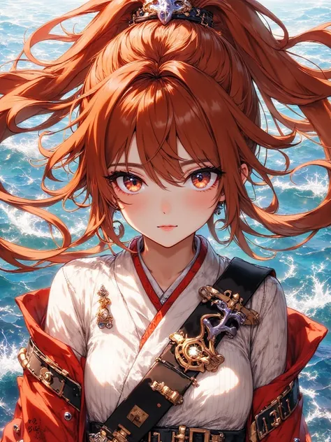 masterpiece, best quality, ultra-detailed, extremely detailed, 4K, 8K, best quality, beautiful, realistic, real, upper body, look down from above, ocean, morning, Houshou Marine, pirate, beautiful red hair, beautiful brown eyes, beautiful eyes, light brown...