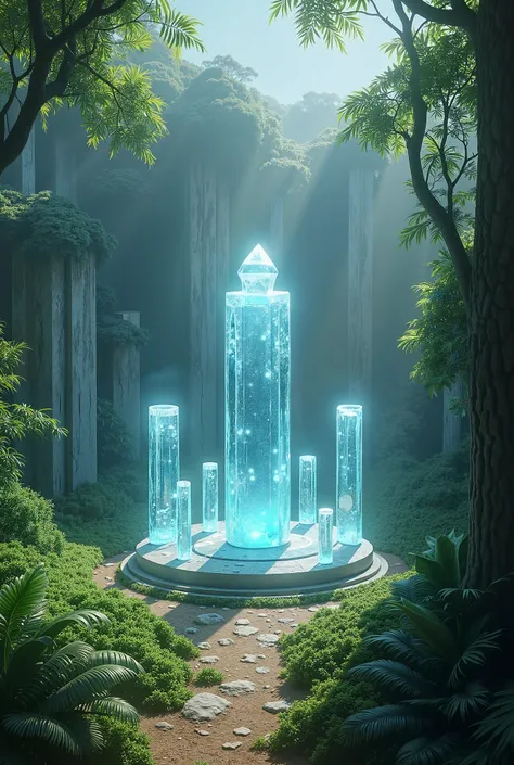 A new Stonehenge is found in a tropical rainforest clearing, but it is complete and is built entirely out of translucent Quartz Crystals. UHD, Super Detailed, Best Quality, Award Winning,Glowing Light, Reflection Light, Cinematic, Digital Art, Hyperrealism...