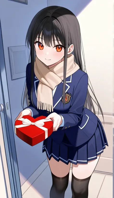 ( Masterpiece,  top quality:1.2)、 high school girl、Navy blue blazer top、 underneath is a navy blue pleated skirt、Beige scarf 、Girls' School Heroine、Get Valentine's Day chocolates from female students、 valentine's day、Neat black hair、Amber Eyes、 long hair、 ...