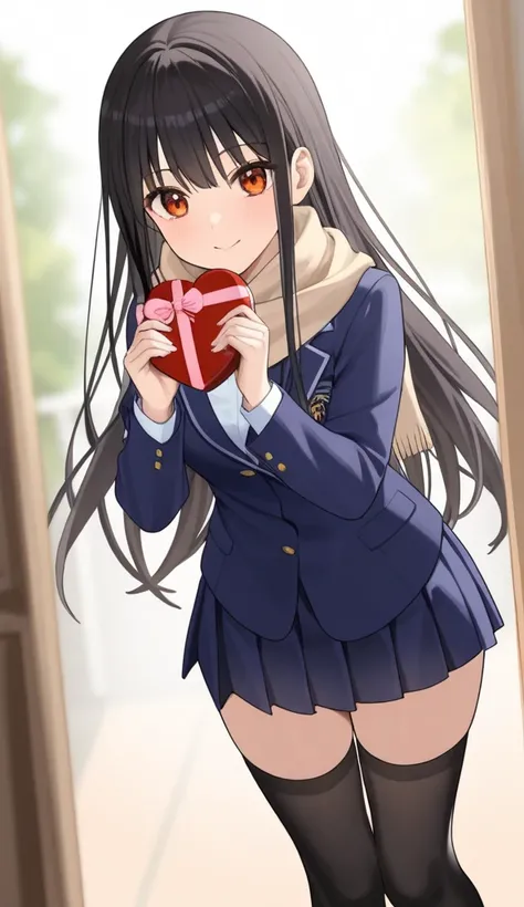 ( Masterpiece,  top quality:1.2)、 high school girl、Navy blue blazer top、 underneath is a navy blue pleated skirt、Beige scarf 、Girls' School Heroine、Get Valentine's Day chocolates from female students、 valentine's day、Neat black hair、Amber Eyes、 long hair、 ...