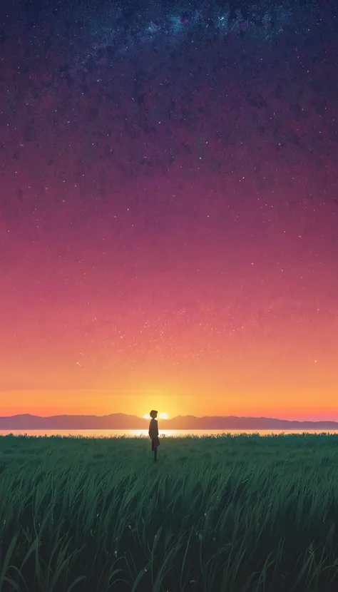 Draw simple art in Tintinpixai style, minimalist, a ,campo long exposure starry sky, focus on the stars, Anime beautiful peace scene, summer sun, sunset, nostalgic anime art background, Makoto Shinkai!!, anime movie background, best of seaart hd 8k