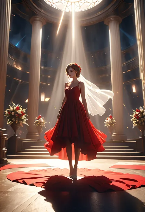 scarlet wedding dress, movie scene  , Warped Space , lens flare, Pillar of Light,  Complex Details,  very detailed, Volumetric Lighting, 4K Rendering, Stock photo,  women are super real ,  Realistic Textures  ,  Dramatic Lighting,  Unreal Engine ,(Moody li...