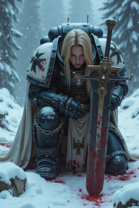  An atmospheric and powerful dark fantasy image ,  classic style painting of a beautiful female space marine BlackT40K, dressed in complex power armor . she is squatting, bowing his head,  and her dirty blond hair falls on her face .  She holds a powerful ...