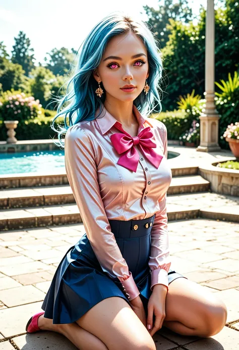 ( Details beautiful eyes and  Details face, masterpiece side light, masterpiece,  top quality ,  Details,  High Resolution Illustration ), ( 1 woman ,  pretty girl,  Glossy Skin ), ( Sky Blue Hair ,  Pink Eyes, skirt, ribbon, button shirt)( kneeling on the...