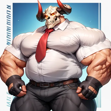 a man with a big giant musclegut tall wide body and big round gut using white shirt, red tie, black pants, black gloves, and skull helmet which cover every of his face and also horn on the both side. standing still, solo, very big body, very tall body, ver...