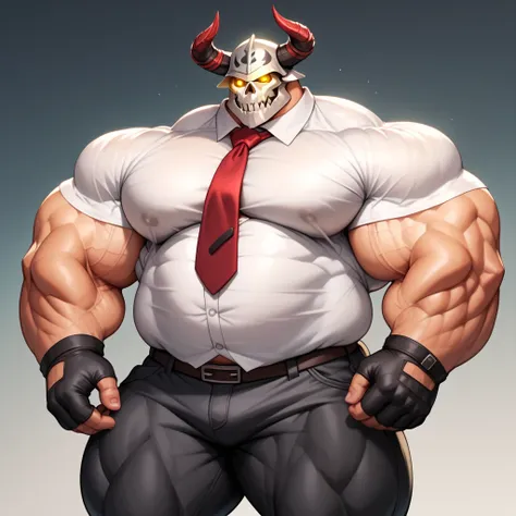 a man with a big giant musclegut tall wide body and big round gut using white shirt, red tie, black pants, black gloves, and skull helmet which cover every of his face and also horn on the both side. standing still, solo, very big body, very tall body, ver...