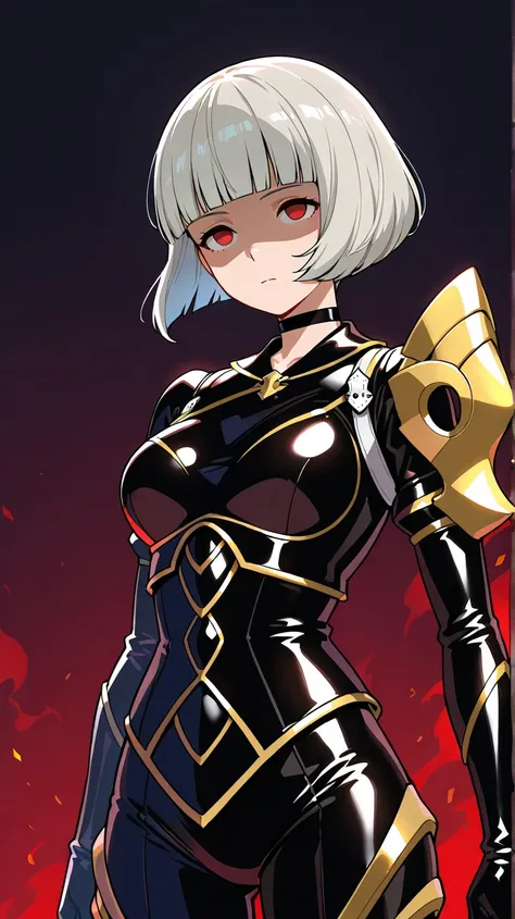 Corrin (fire emblem),neutral, expressionless, standing, looking at viewer, (((blunt cut, bob, blunt bangs, bob cut))), wiry, gloves, choker, black bodysuit, gold shoulder,cowboy shot,Shaded face, rolling eyes, no pupils, 1girl, solo, silver hair, red eyes,...