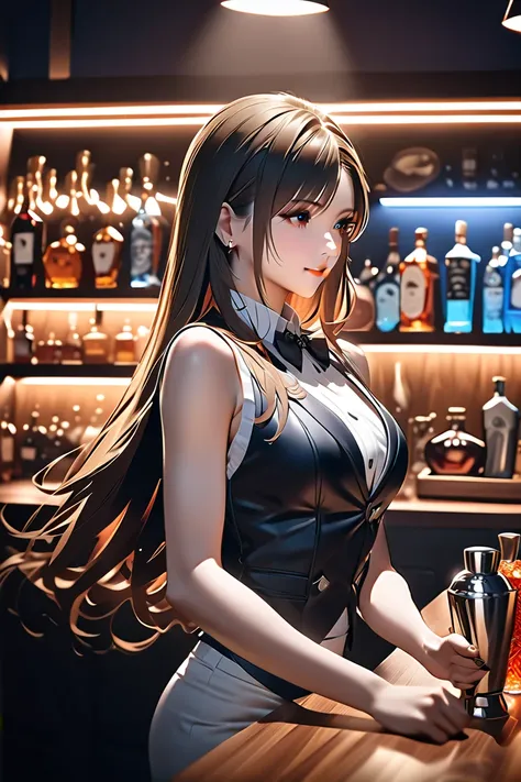 1girl, black hair, long hair, top quality, masterpiece, high detail, A beautiful female bartender standing behind a sleek, dimly lit bar counter, elegantly shaking a cocktail shaker with both hands. She wears a stylish vest over a white dress shirt, with a...