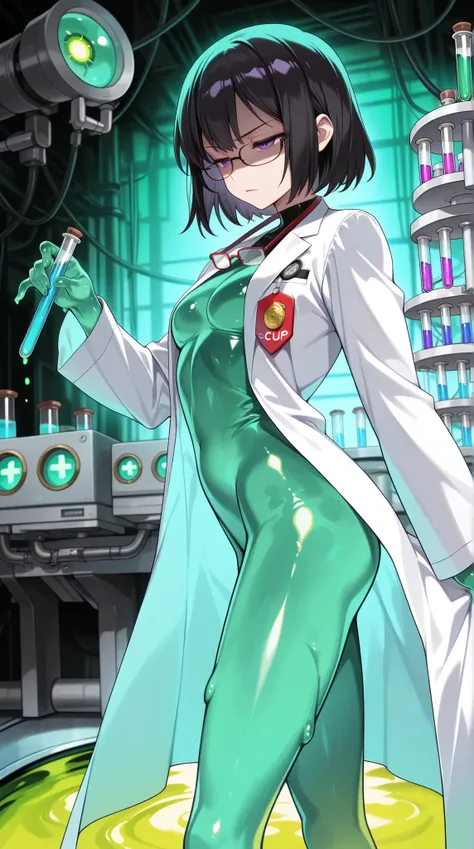 (masterpiece, top quality, highly detailed, incredibly high resolution, high quality anime art), beautiful young woman, (researcher, glasses, white coat, employee badge hanging around neck), (black hair, purple eyes, half-closed eyes, glossy lips, shaded f...